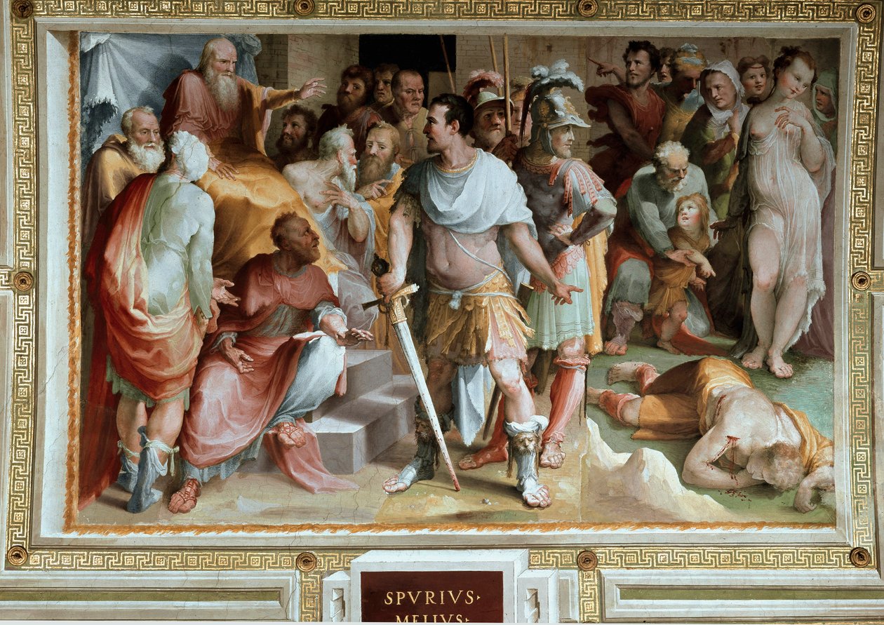 ローマの裕福なプレビア人Spurius Maeliusの暗殺（紀元前5世紀） Domenico di Giacomo di Pace dit Beccafumi（1486-1551）によるフレスコ画 1529-1535 Siena, palazzo pubblico 作： ドメニコベッカフミ