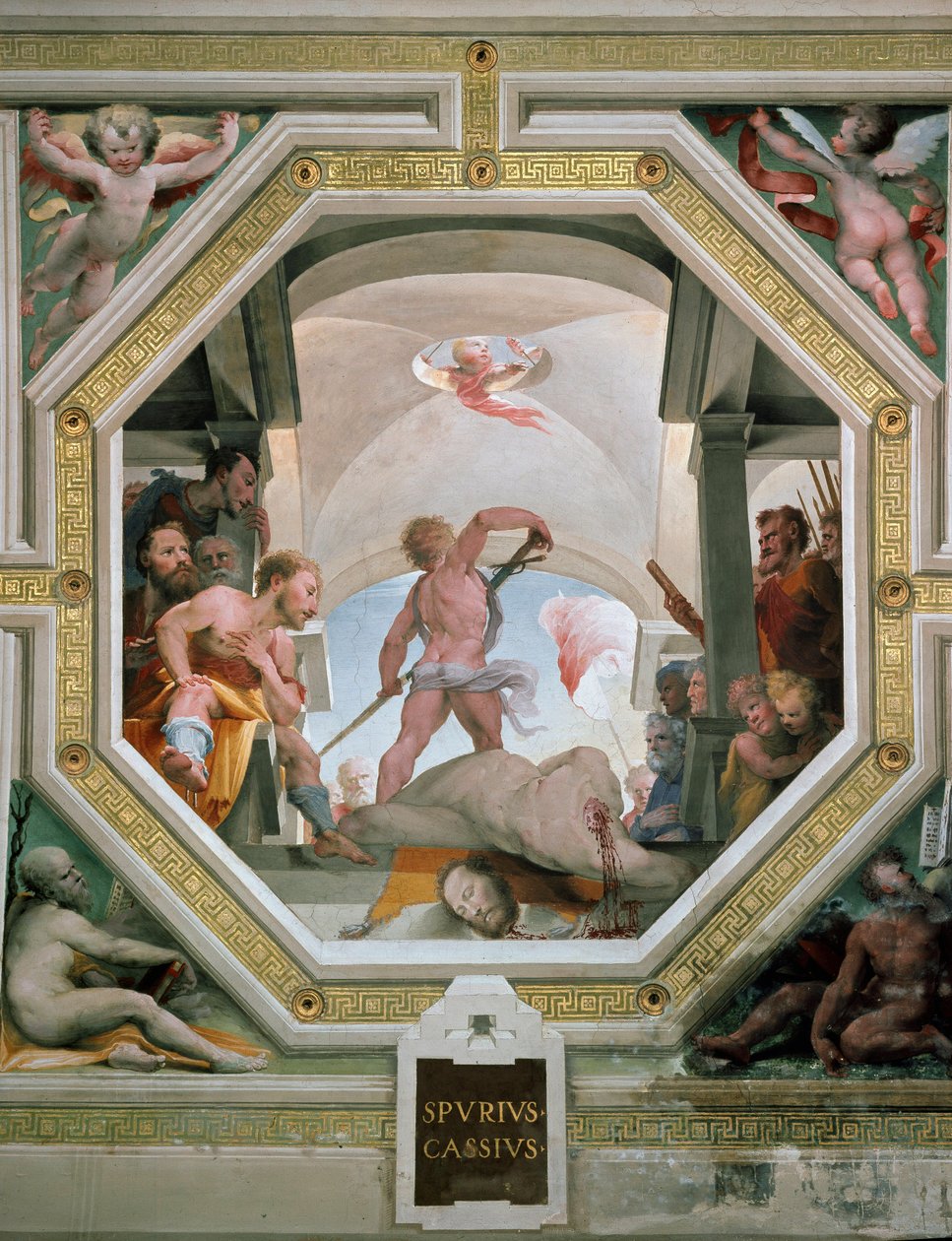 紀元前485年、王になることを考えたために父親に処刑されたスプリアス・カシウス・ヴェケリヌス（ビスケリヌス）の断頭台 ドメニコ・ディ・ジャコモ・ディ・パーチェ・ディ・ベッカフミ（1486-1551）1529-1535年 シエナ（シエナ）、パラッツォ・プブリコ 作： ドメニコベッカフミ