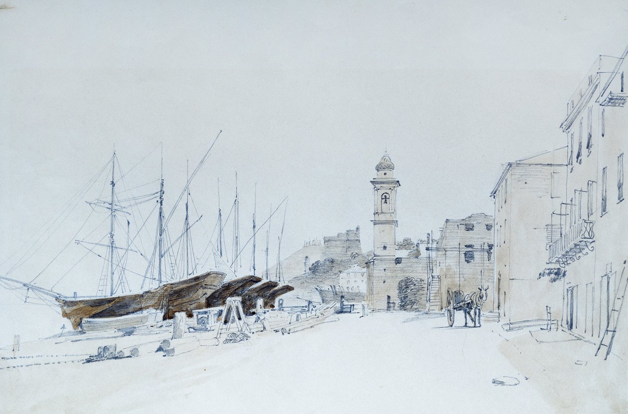 Näkymä aseista Taggiassa, noin 1860, kirjoittanut Pasquale Domenico Cambiaso (1811-1894), Italia Kynä ja akvarelli. 作： ドメニコカンビアソ