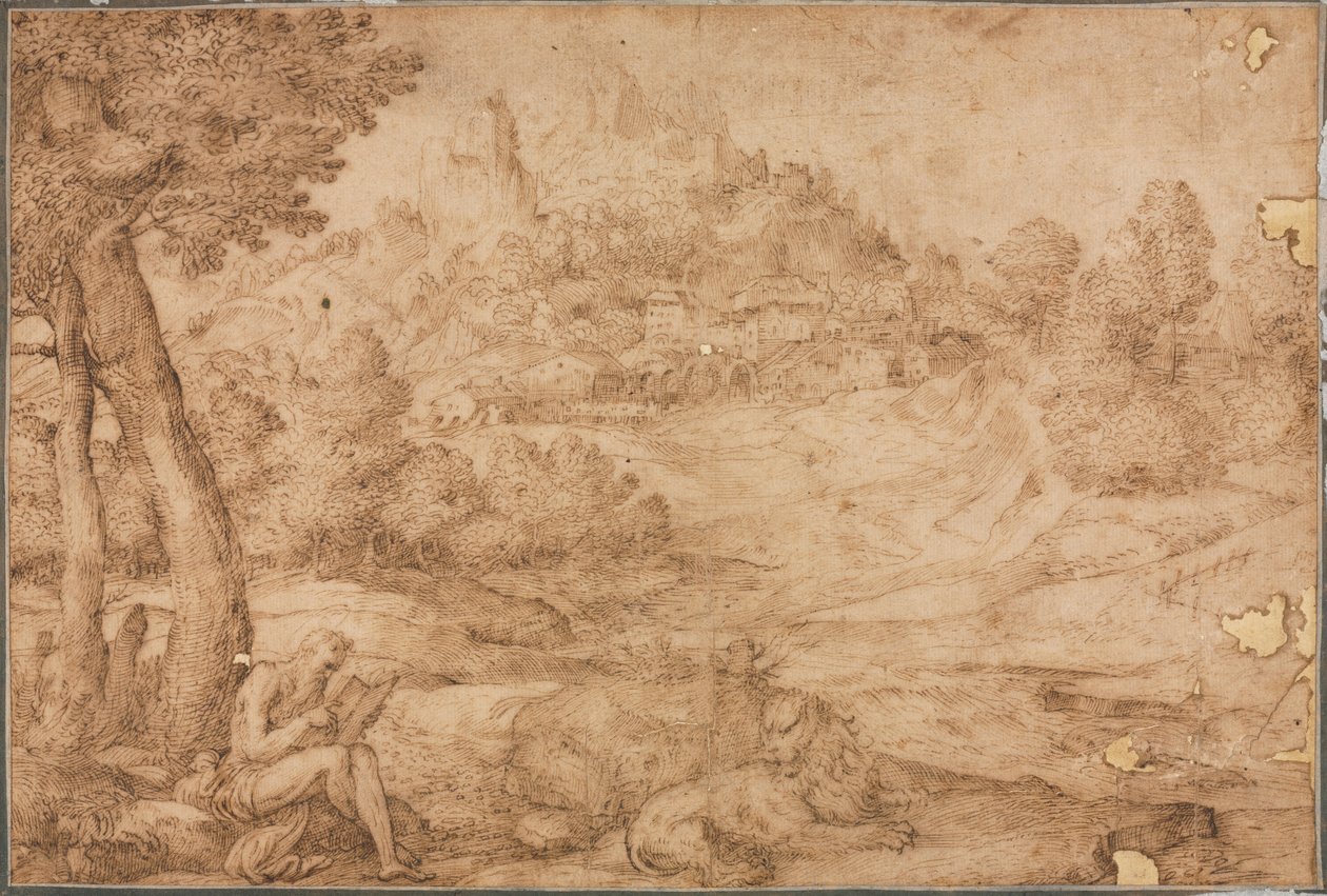 風景の中の聖ジェロームc。 1530年。 作： ドメニコ・カンパニョーラ