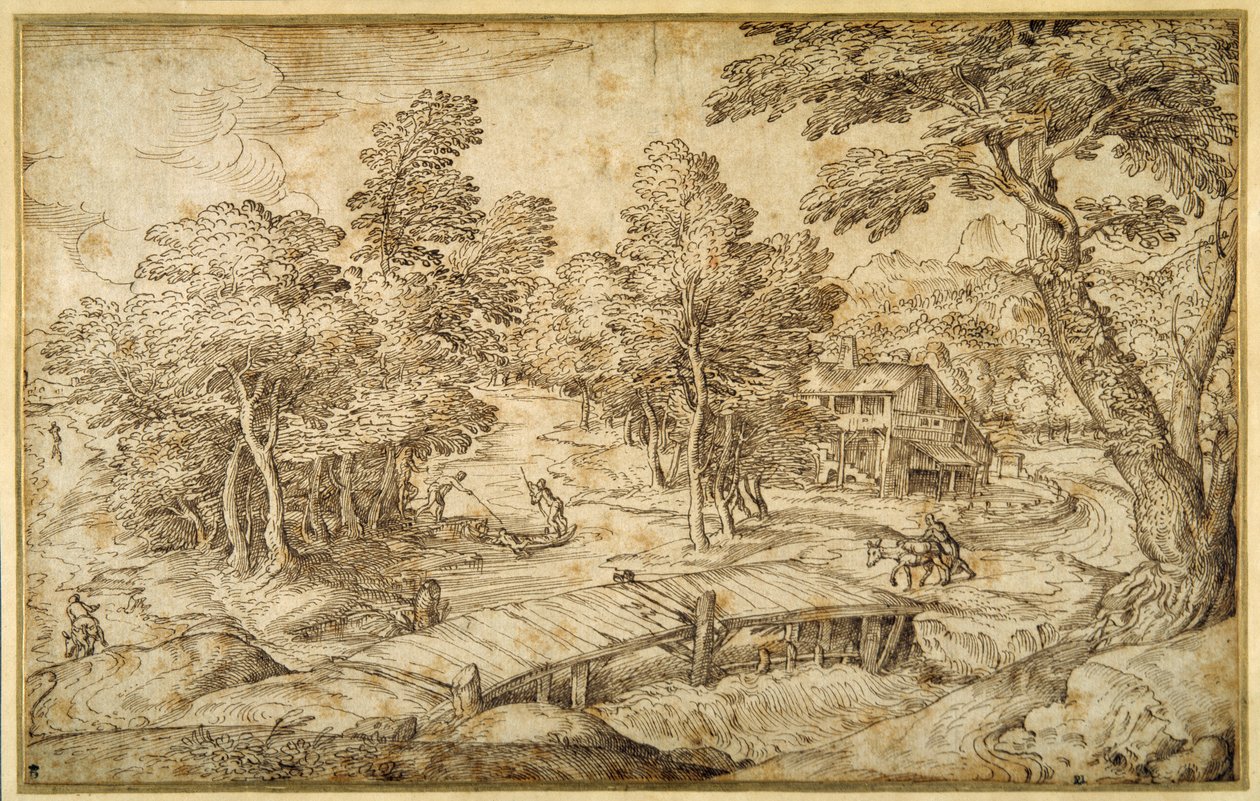 農家と水門に架かる木の橋がある森の風景（紙にペン・茶インク 作： ドメニコ・カンパニョーラ