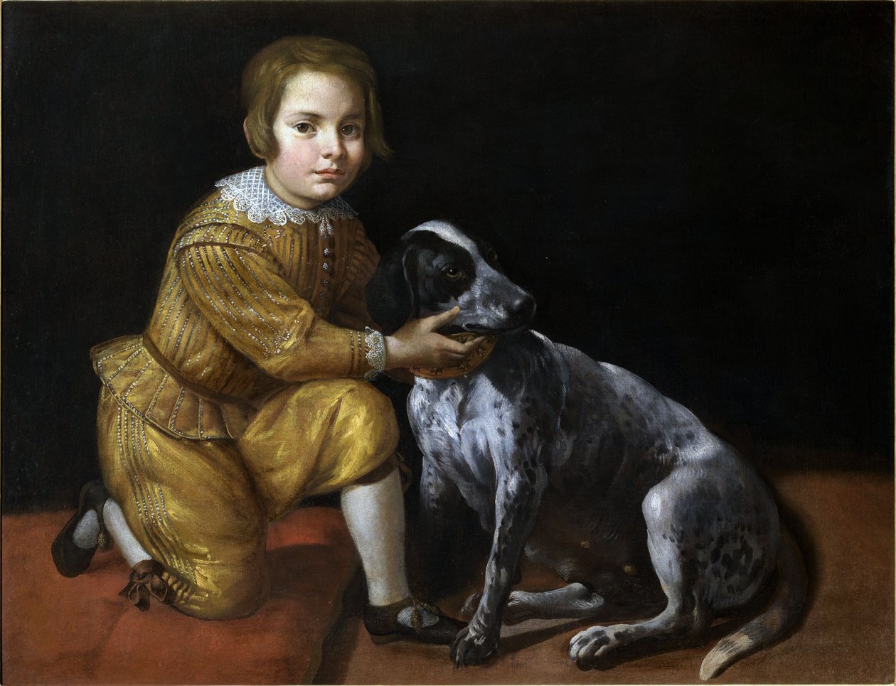 犬を連れた少年の肖像画。