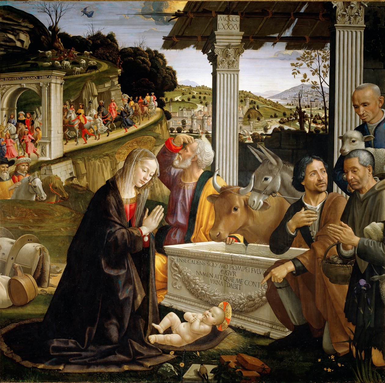 羊飼いたちの礼拝 ドメニコ・ギルランダイオ（1449-1494）の絵画 1483-1485日。167x167 cm フィレンツェ、サンタ・トリニータ、カペラ・サセッティ 作： ドメニコ・ギルランダイオ