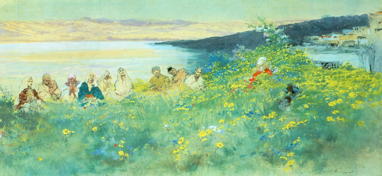 ドメニコ・モレッリ（1826-1901）作「吉報」、紙にガッシュ、33x69cm 作： ドメニコ・モレリ
