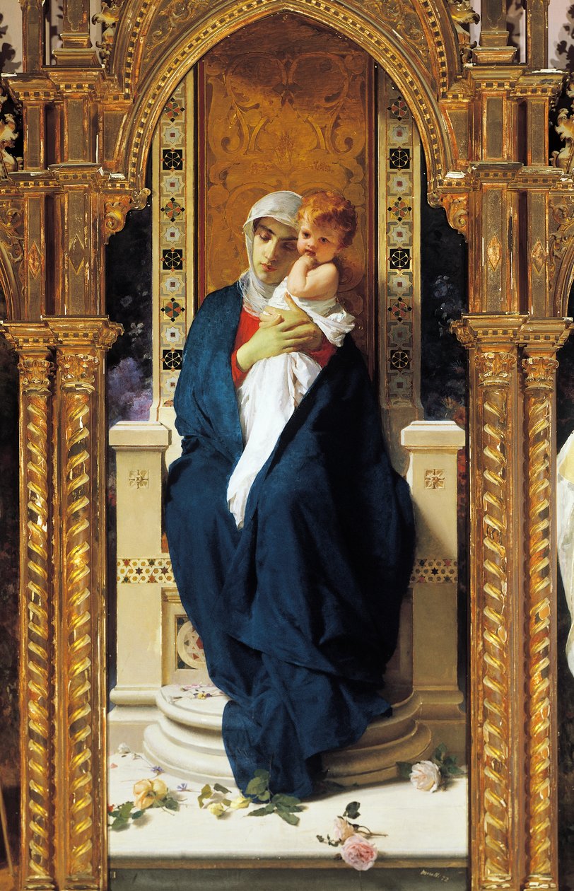 ドメニコ・モレッリ（1823-1901）作「バラの聖母のトリプティク」 イタリア、カラブリア州コリリャーノ・カラブロ城、聖アウグスティヌス礼拝堂、細部。 作： ドメニコ・モレリ
