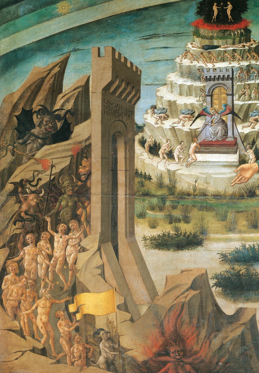 ドメニコ・ディ・ミケリーノ（1417-1491）によるフレスコ画「神曲を抱くダンテ」の細部「呪われた者たち」（イタリア、フィレンツェのサンタ・マリア・デル・フィオーレ大聖堂 作： ドメニコ・ディ・ミケリーノ