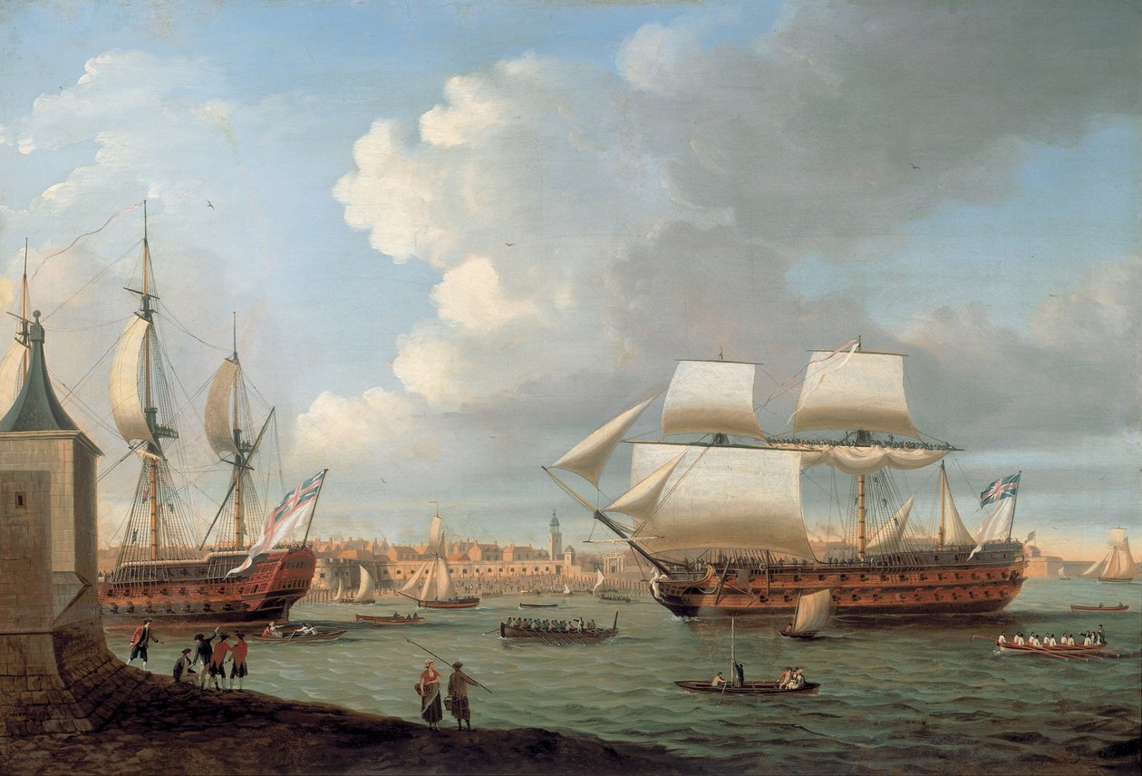 ポーツマス港に入港するフドロワイヤンとペガス（1782年 作： ドミニク・セール