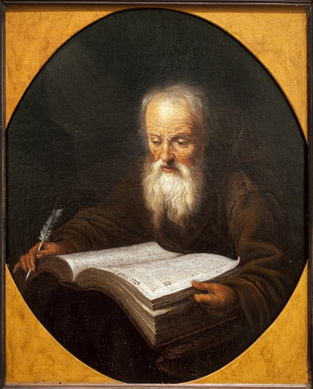僧侶が手に羽を持って読書をしています。ドメニカス・ファン・トル（1635-1676）による絵画、油彩・キャンバス、ゲリット・ドウ（1613-1675）によるもの。フランドル美術 作： ドミニクス・ファン・トール
