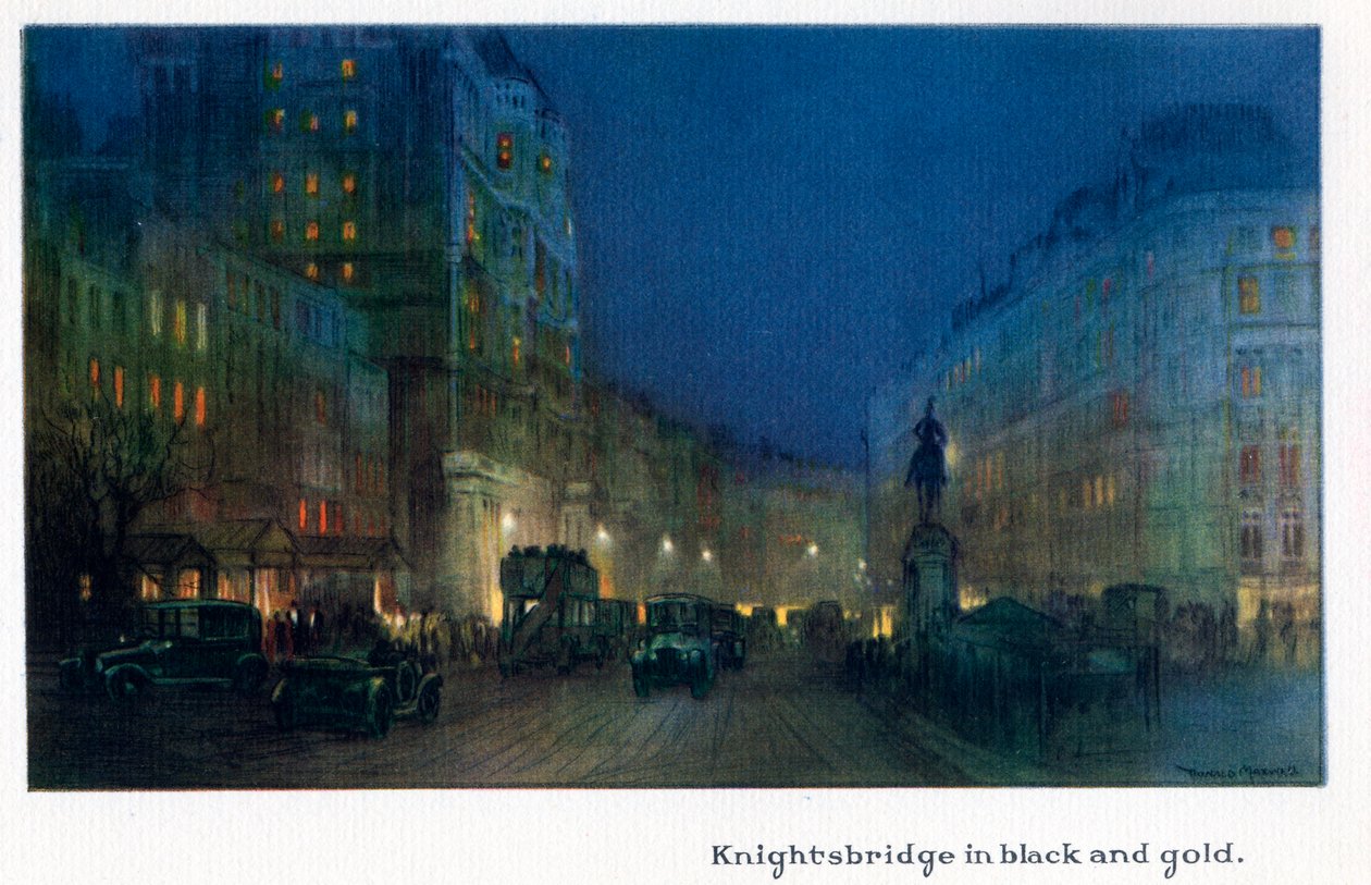 「The New Lights o &39;London」からのブラックとゴールドのナイツブリッジ、1926年発行 作： ドナルド・マクスウェル