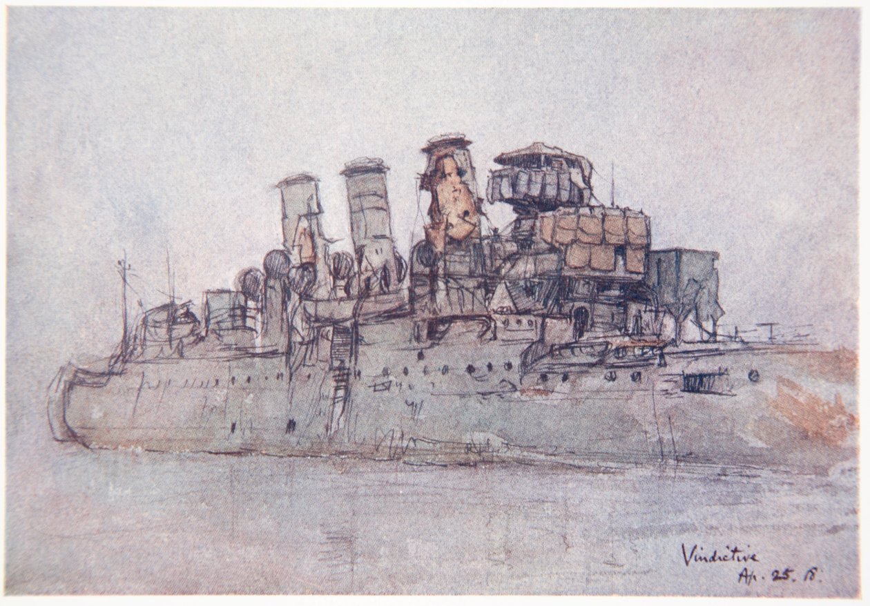 HMSヴィンディクティブ、1918年4月25日、ゴードンS.マクスウェル作「海軍戦線」のイラスト、1920年 作： ドナルド・マクスウェル