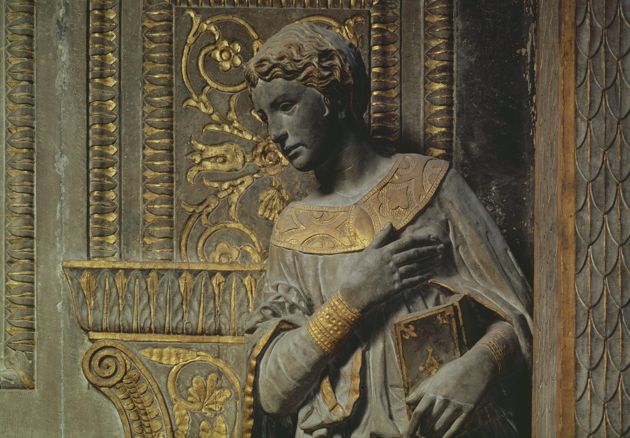 Cavalcanti受胎告知：Donatello 1386-1466 c.1435金色の石灰岩による聖母の詳細 作： ドナテロ