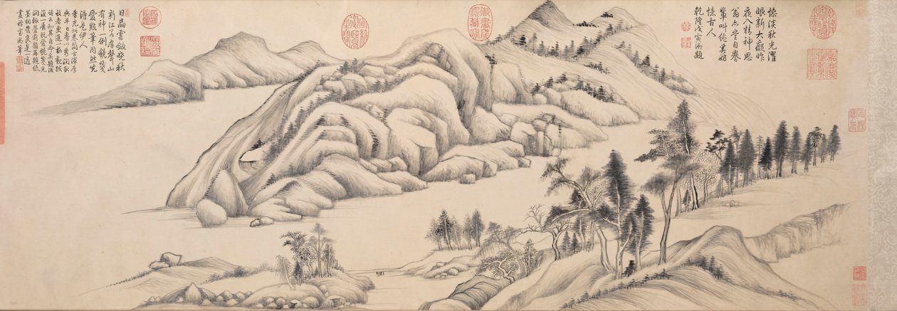 晴れた秋の日の川と山、c。 1624-1627。 作： 董其昌