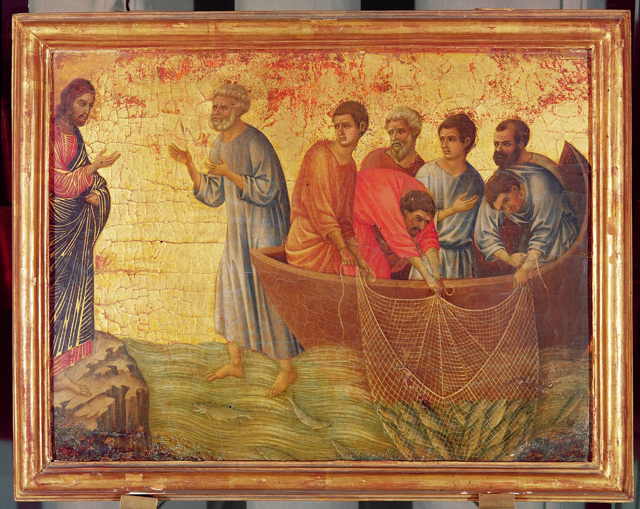復活後のキリストの物語から、マエスタの祭壇画の裏側であるティベリア湖の幻影は、1311年に終了しました（パネル上のテンペラ） 作： ドゥッチョ ディ ブオニンセーニャ