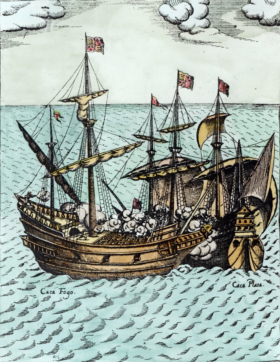 太平洋のフランシスドレイク（c.1540-96）に略奪されたスペインの宝船（後の着色） 作： オランダ語学校