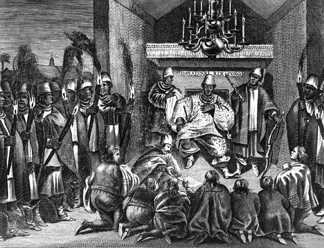 1668年に出版されたオルファートダッパーの「アフリカの説明」のイラストであるオランダ大使を迎える金剛のアルバロ1世 作： オランダ語学校