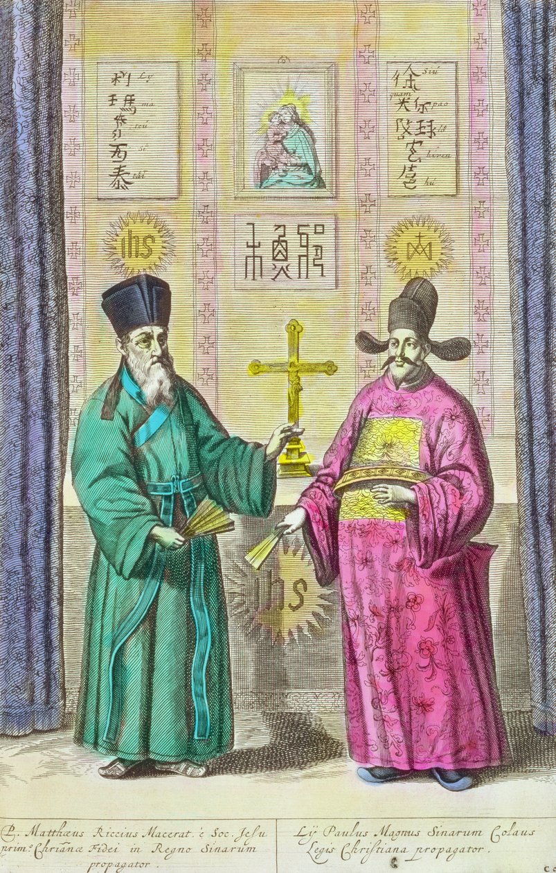 マッテオ・リッチ（1552-1610）と中国への別のキリスト教宣教師、アタナシウス・キルヒャー（1601-80）1667（後の色） 作： オランダ語学校