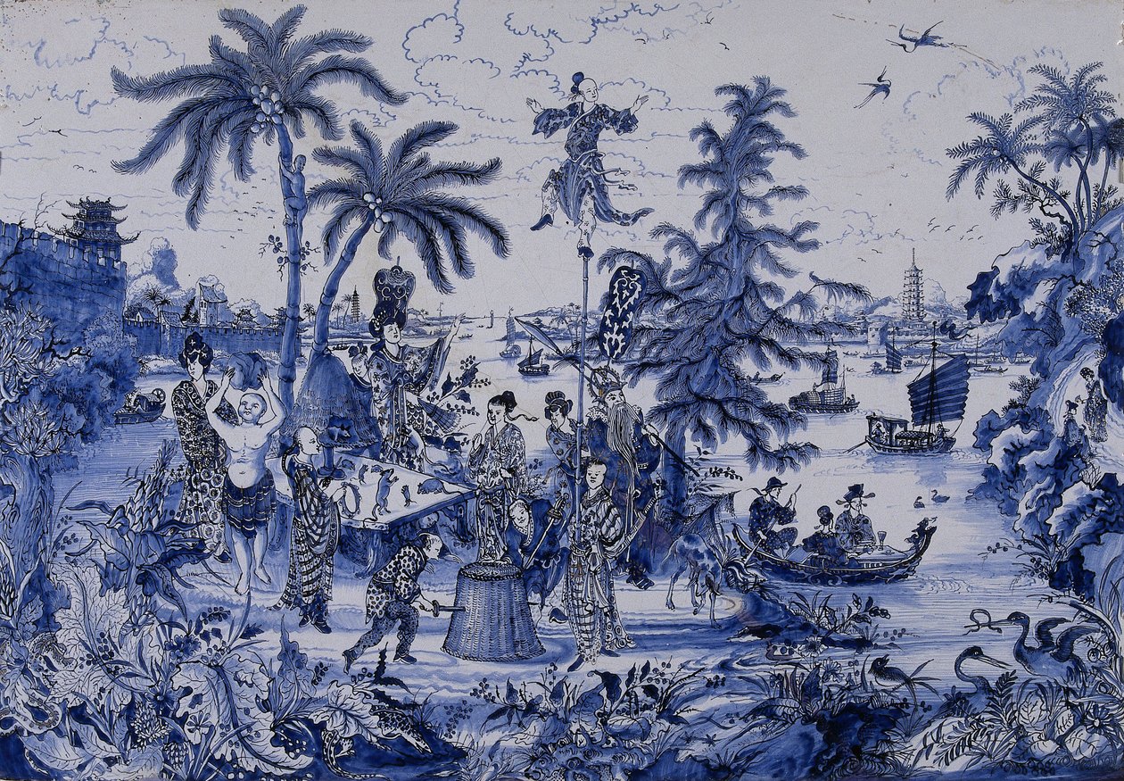 シノワズリーの風景と金箔の細部を持つプラーク、1680年頃（ファイアンス） 作： オランダ語学校