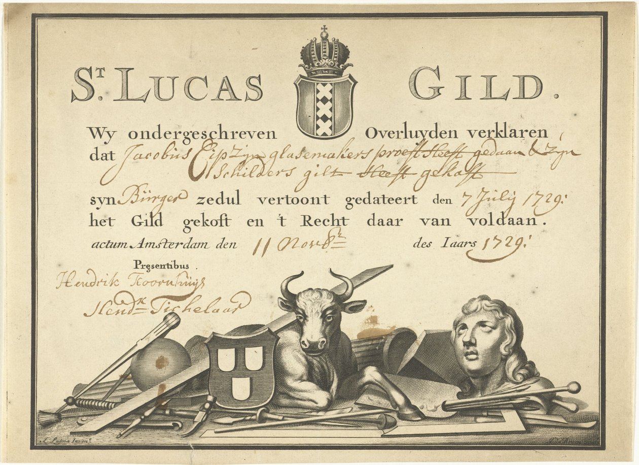 1729年、アムステルダムの聖ルカ組合からかすかなジェームズCipへの領収書 作： オランダ語学校