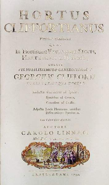 カールリンネによるホルトゥスクリフォルティアヌスのタイトルページ（1707-78）アムステルダム、1737年（印刷） 作： オランダ語学校