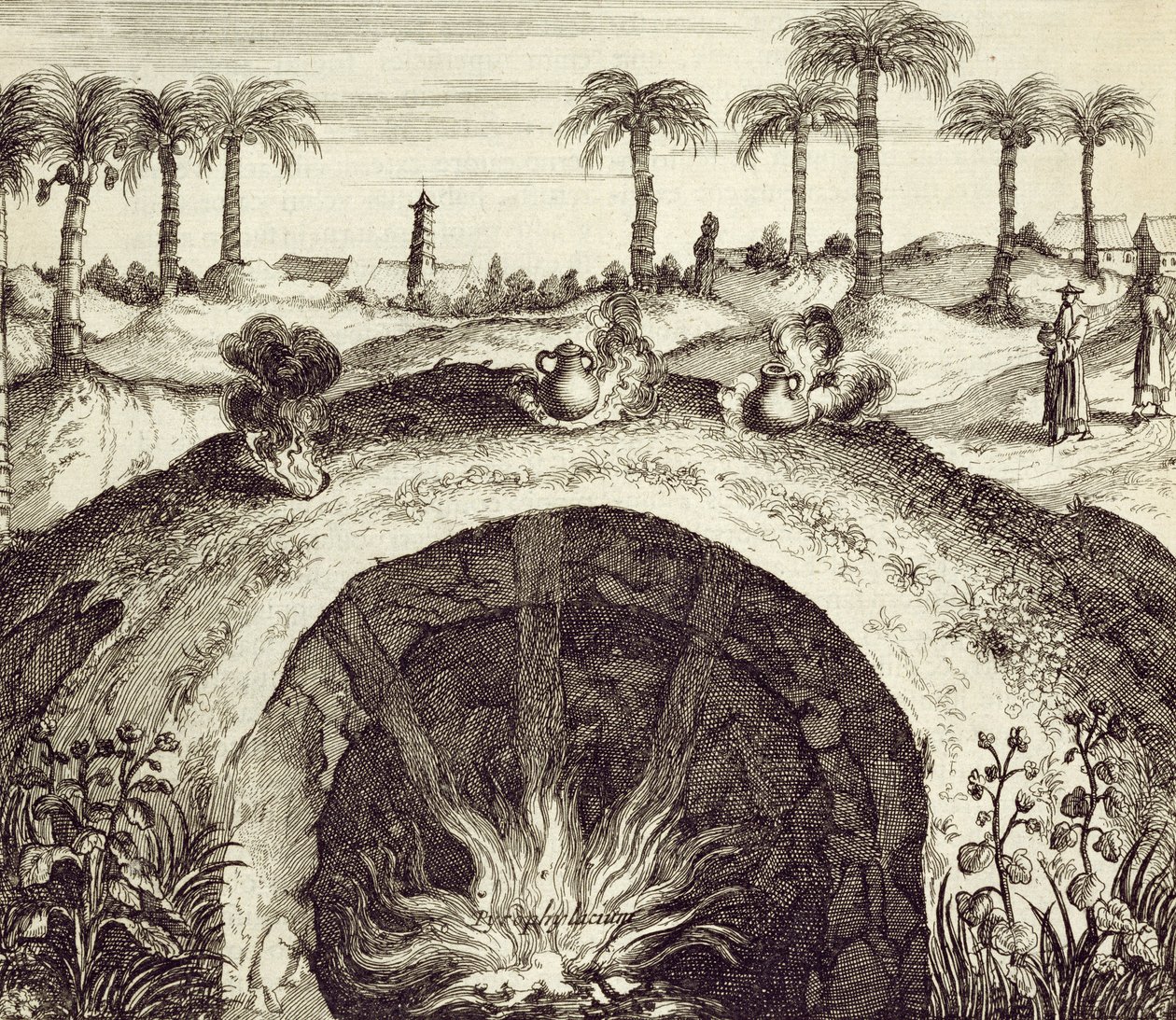 アタナシウスキルヒャー（1601-80）1667による中国からの巨大な地下蒸気調理器 作： オランダ語学校