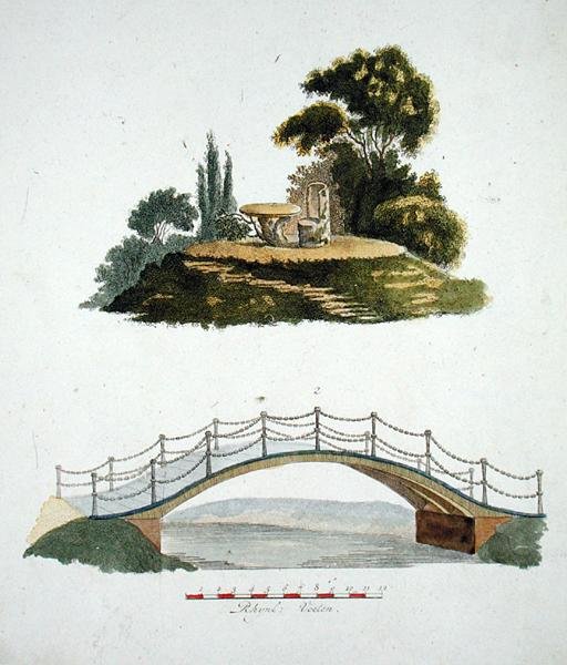 素朴な椅子とテーブル、装飾用の橋（G. van Laar著「Magazine of Garden Gems」1802年刊より 作： オランダ語学校