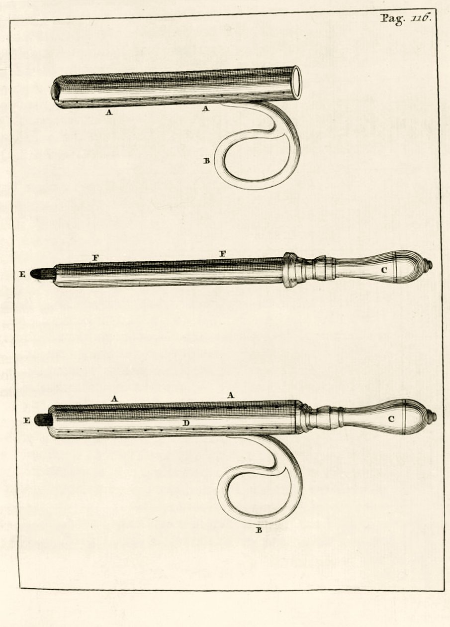 膿瘍用注射器の品揃え。実践的な演習から治癒方法まで、Frederic Dekkers作、1694年 作： オランダ語学校