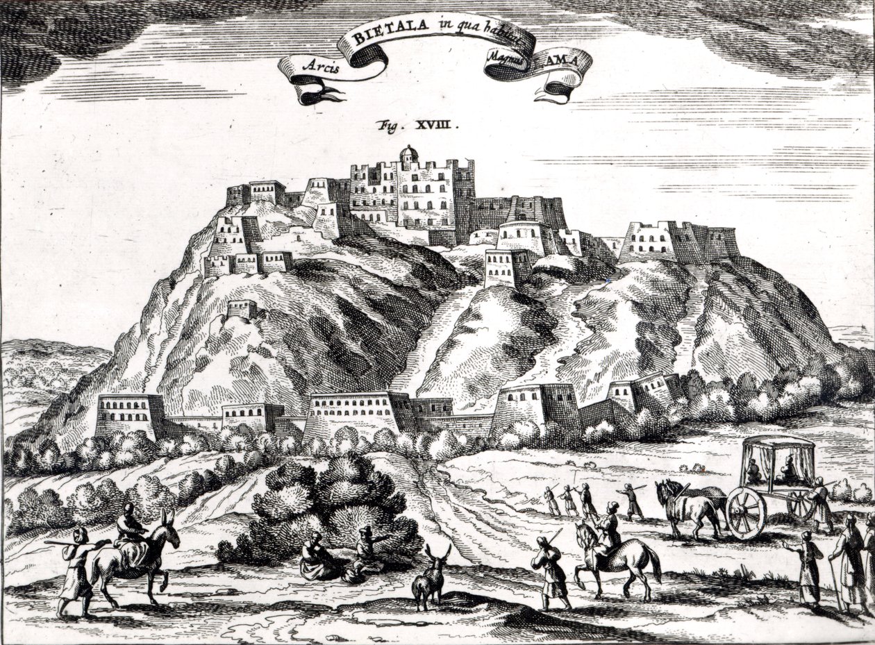 ビエタラ、ラッサ王国、ラマ大王の要塞、「ラシンillustree」からのイラストby Athanasius Kircher（1602-80）アムステルダム、1670年（彫刻）（bw写真） 作： オランダ語学校