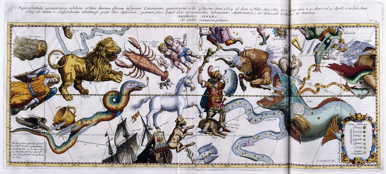 星座の天体図：オリオン、おうし座、牡羊座、うお座など、1666-1668 作： オランダ語学校