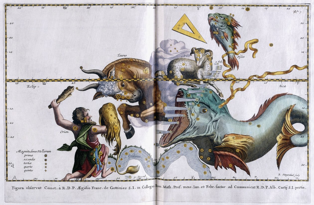 星座の天体図：オリオン座、おうし座座、牡羊座と魚座、1666-1668年 作： オランダ語学校
