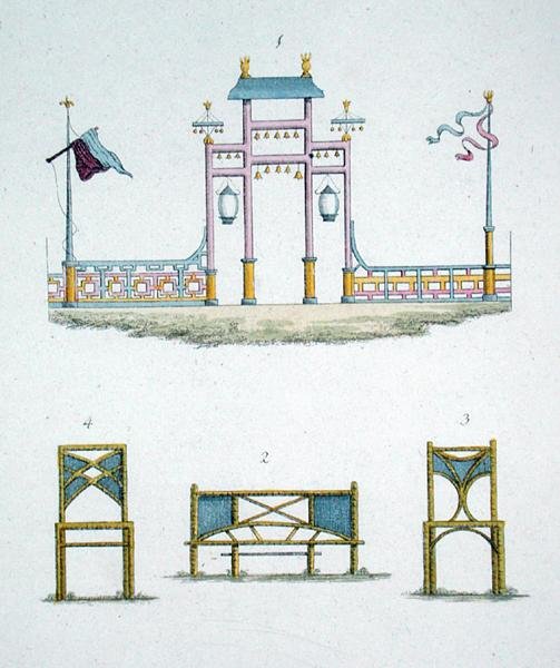 中国の門と庭の椅子、G. van Laar著「Magazine of Garden Gems」（1802年発行）より（カラーリトグラフ 作： オランダ語学校