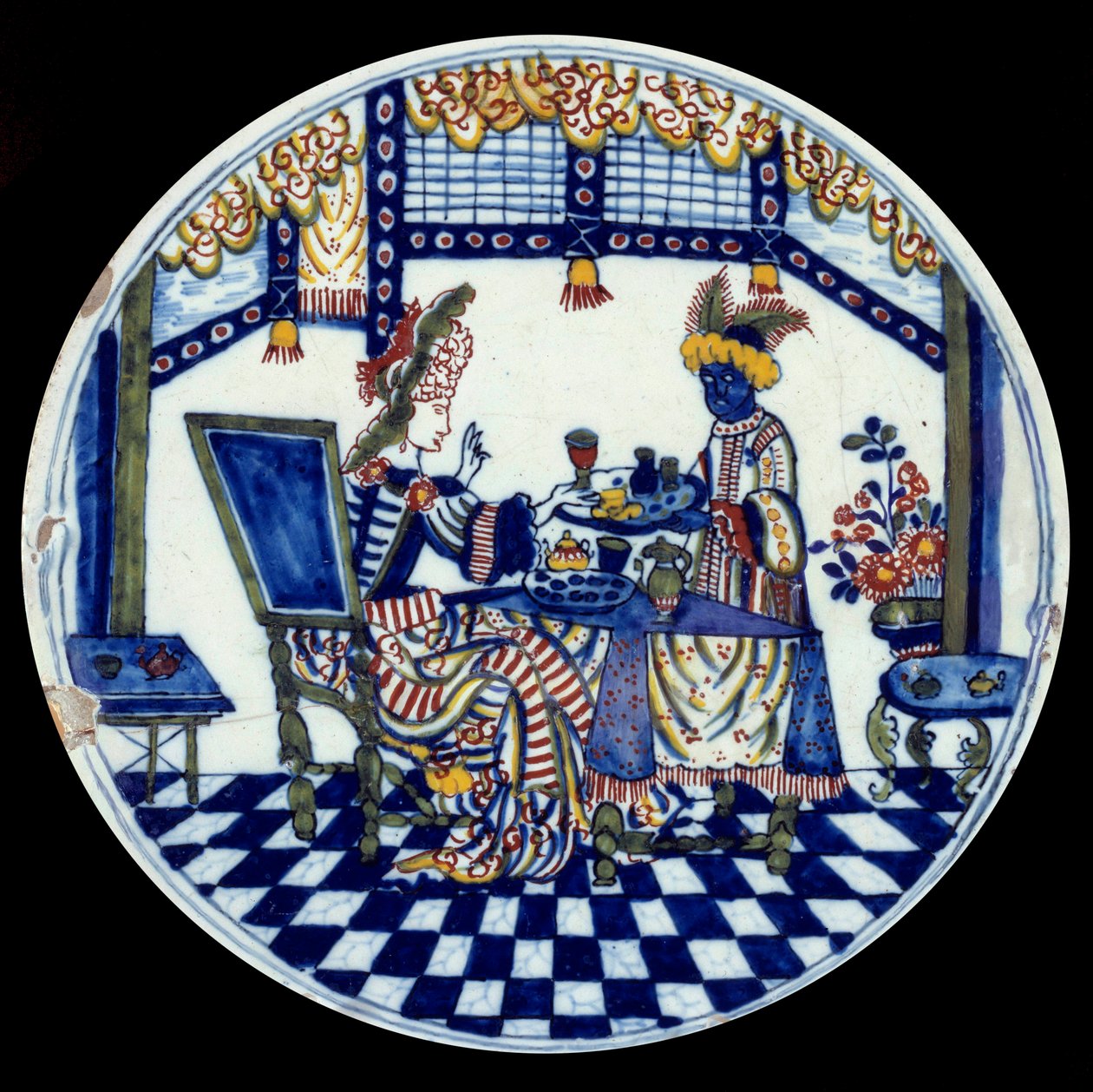 デルフト磁器の皿に描かれた、黒人の召使が給仕する食卓の女性の姿。1705年 セーブル、国立陶磁器博物館 作： オランダ語学校