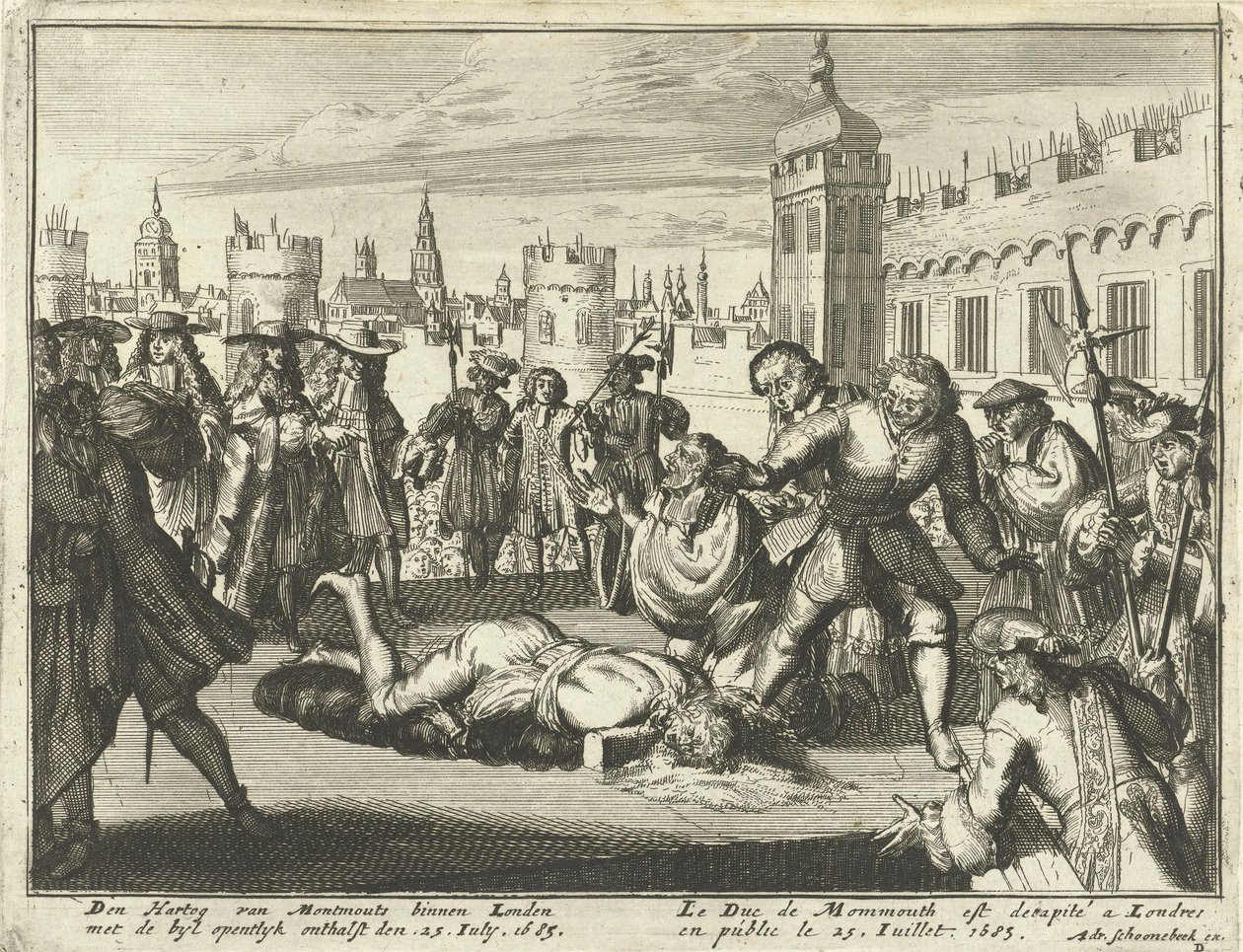 モンマス公の処刑、1685 年 7 月 15 日のエッチング。 作： オランダ語学校