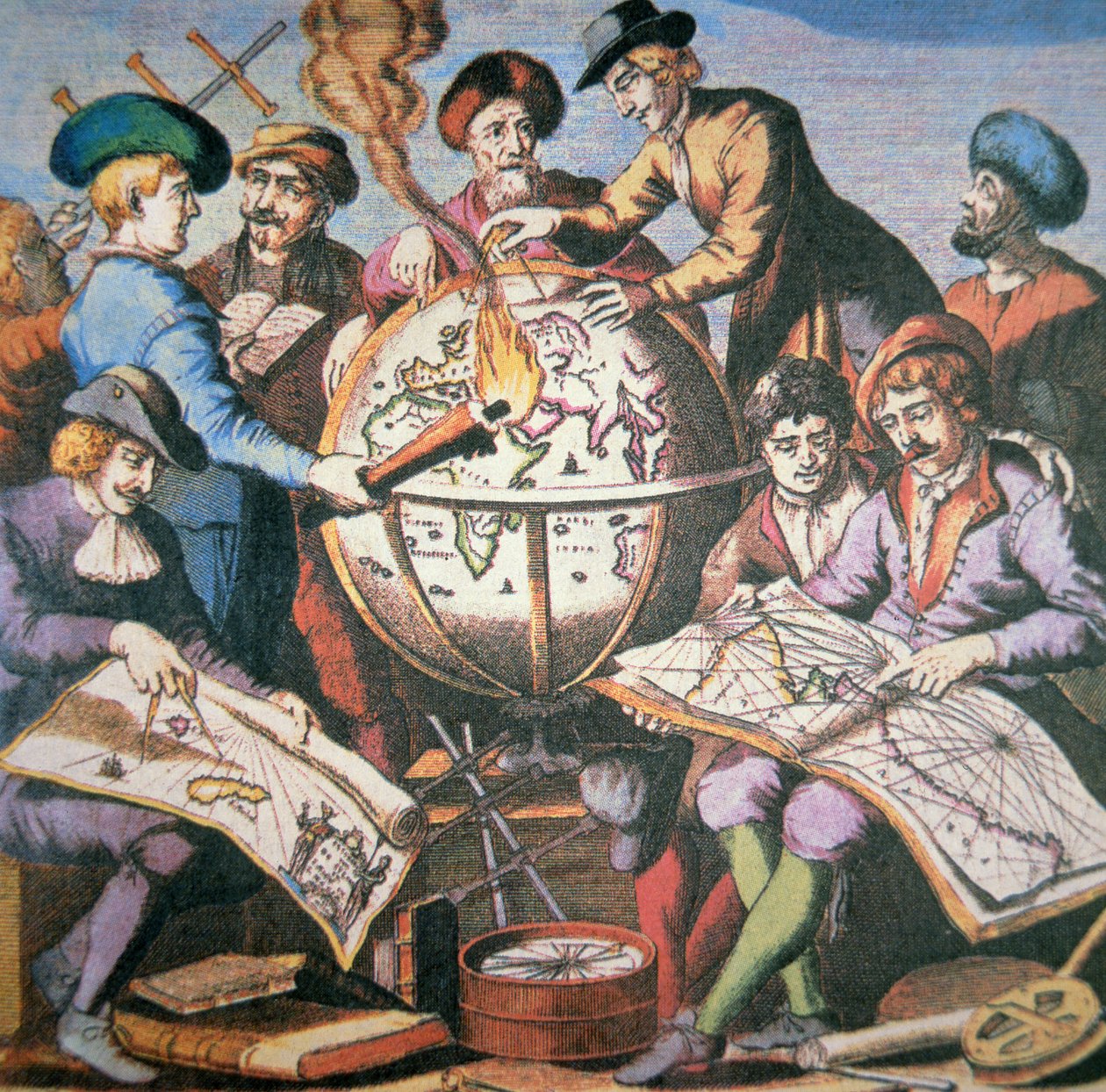 1710年頃のオランダのチャートアトラスの正面図、地図製作者のグループと道具が描かれている（カラーリトグラフ 作： オランダ語学校