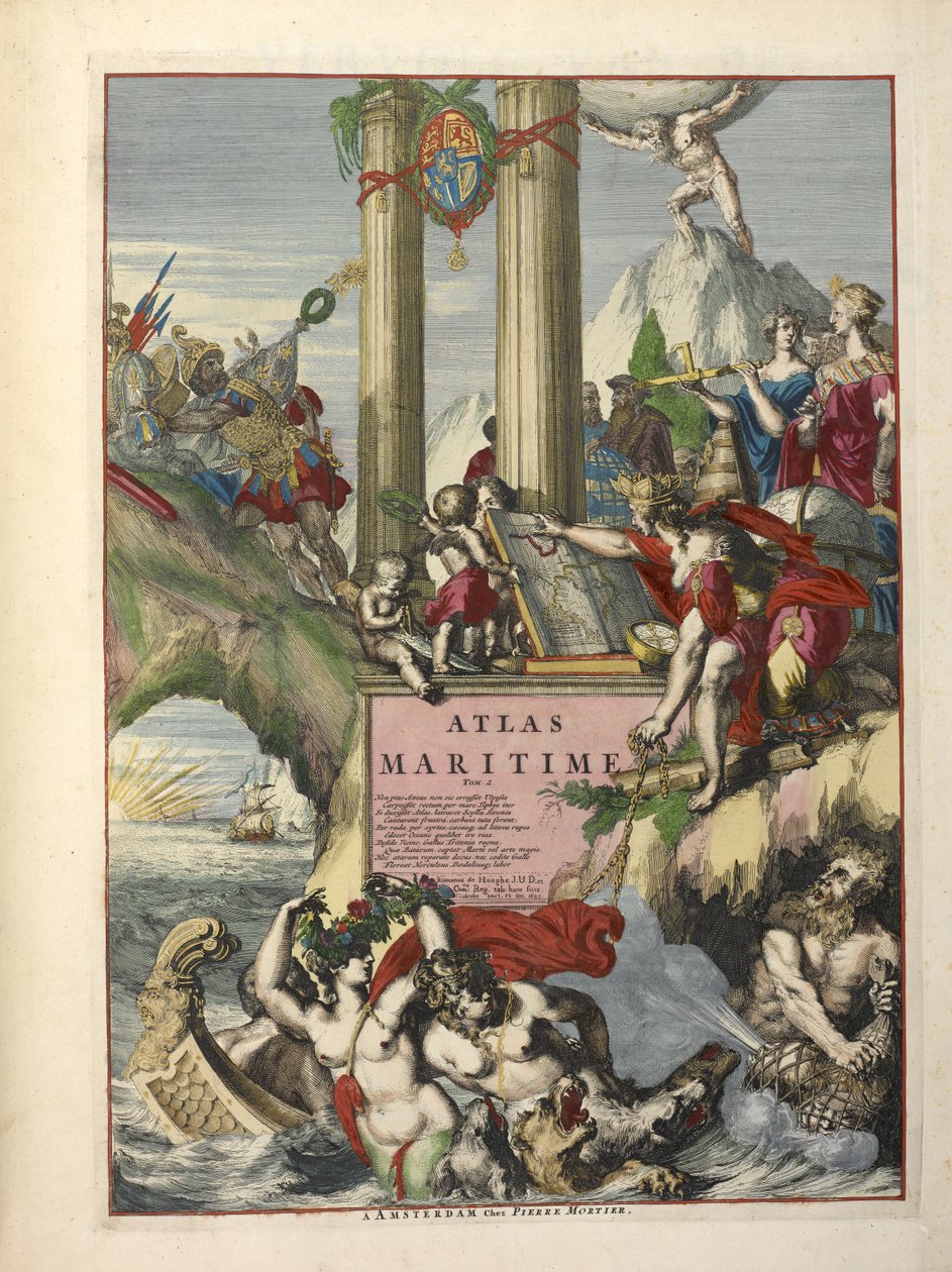 「De Fransche Neptunus and Atlas Maritime and Suite du Neptune François」の口絵、Charles Pene と Pieter Mortier 作（カラー彫刻） 作： オランダ語学校