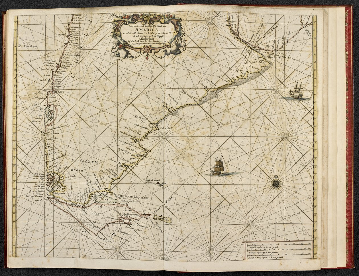 ティエラ デル フエゴ島のホーン岬の地図、ヘンドリック ドンカー作、1660 年頃 ( 彫刻） 作： オランダ語学校