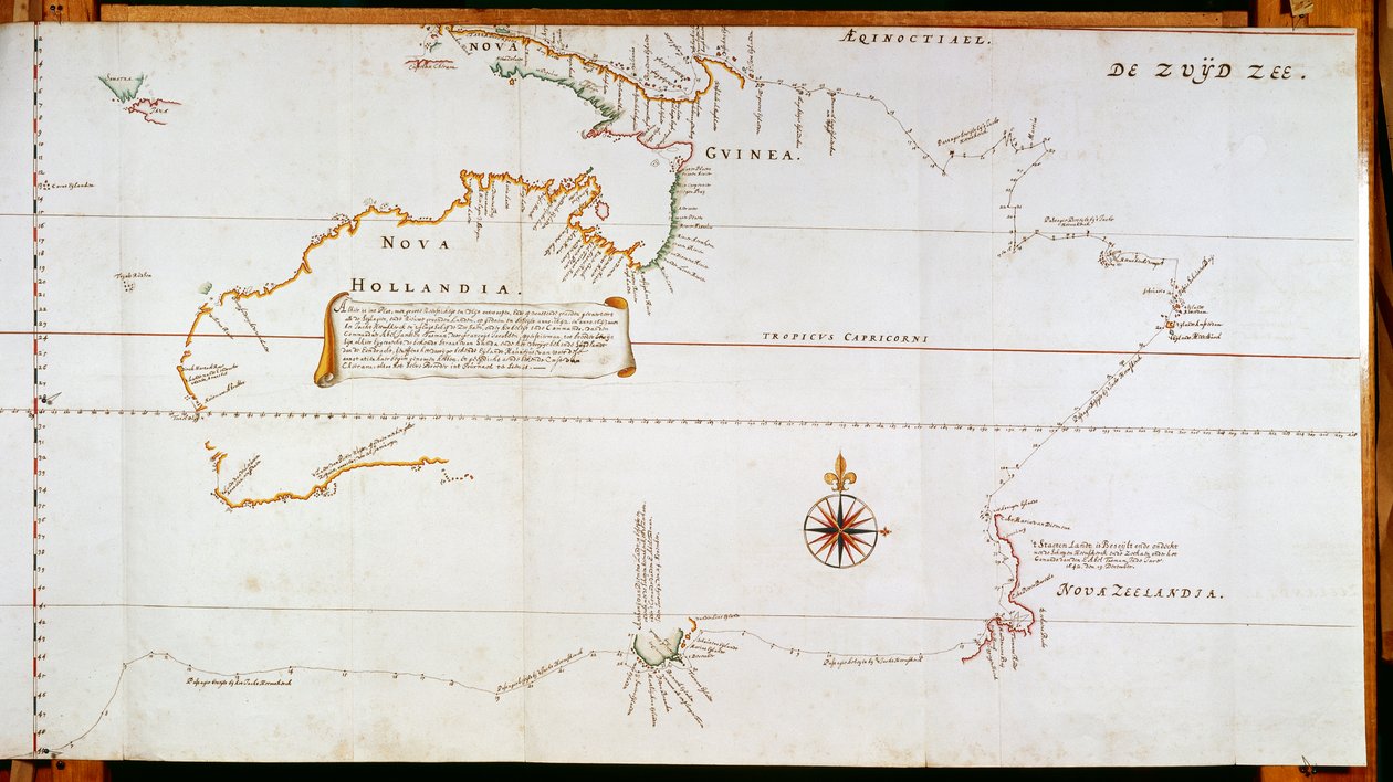 アベル・ヤンスゾーン・タスマン (1603-1659) とウィレム・ヤンスゾーン (1570-1630) が行った旅行中に収集された情報から作成された、現在のオーストラリアのニューホランドとニュージーランドの地図 作： オランダ語学校