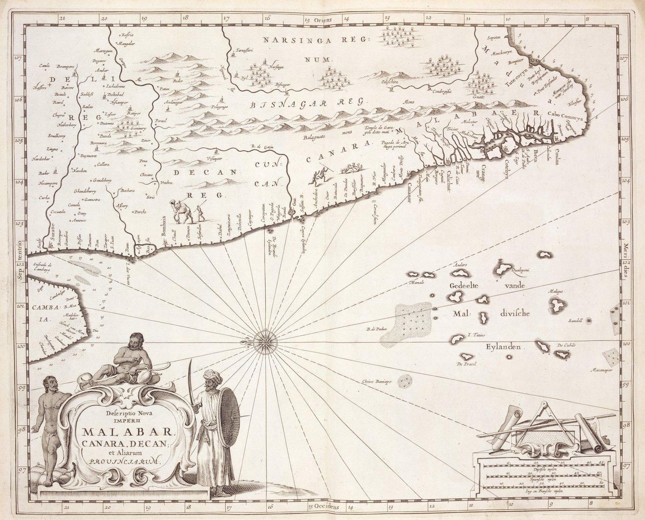 マラバル沿岸の地図、東インド諸島、1672年 作： オランダ語学校