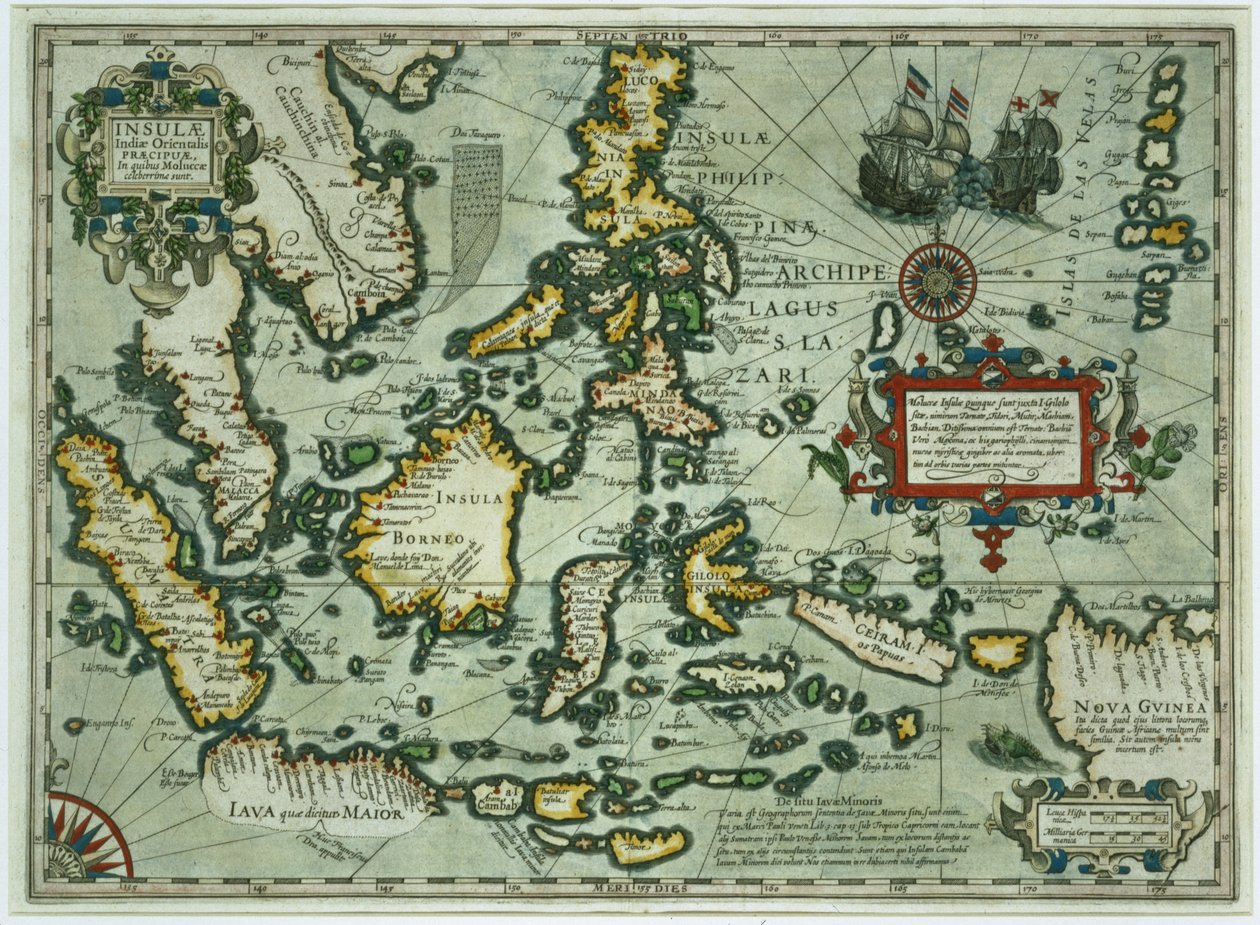 東インド諸島の地図、パブ。アムステルダムの1635年（手描きの彫刻） 作： オランダ語学校