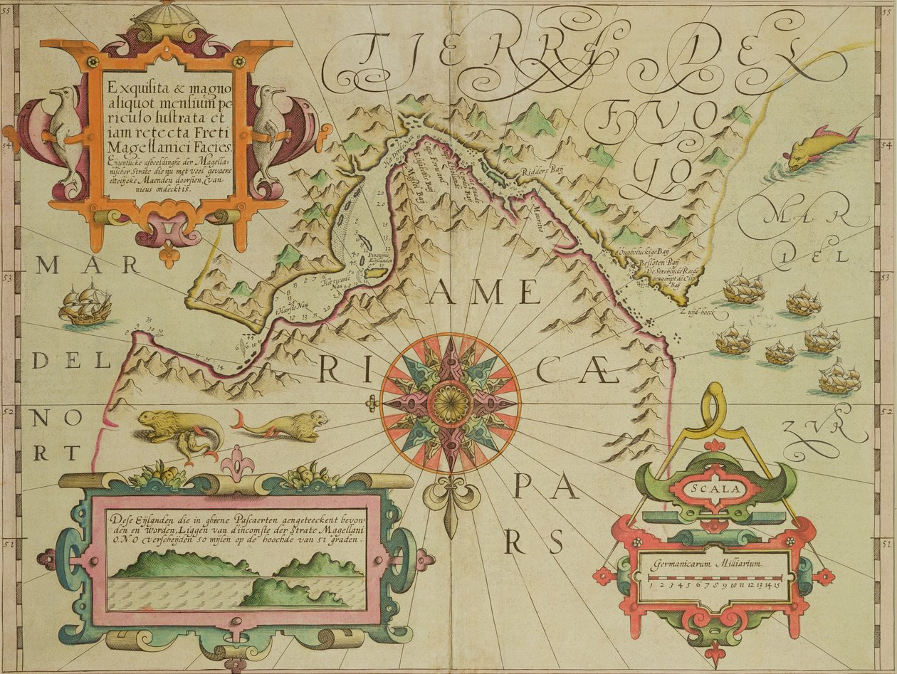メルカトルアトラスパブからのパタゴニアのマゼラン海峡の地図。ジョドカス・ホンディウス（1563-1612）アムステルダム、1606 作： オランダ語学校