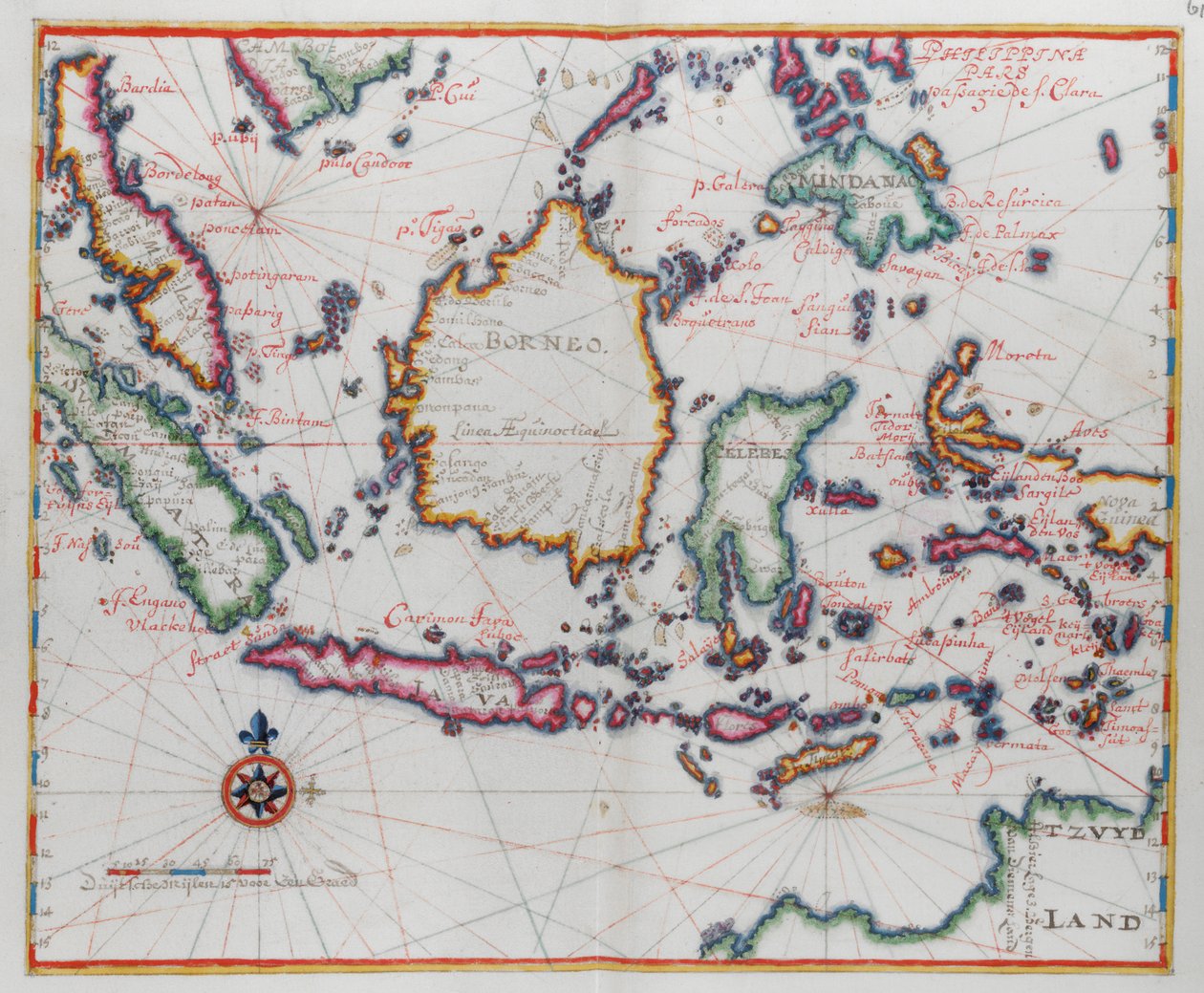 ボルネオ、クレベス (スラウェシ)、ジャワ、その他のインドネシアの島々を示す地図。 作： オランダ語学校