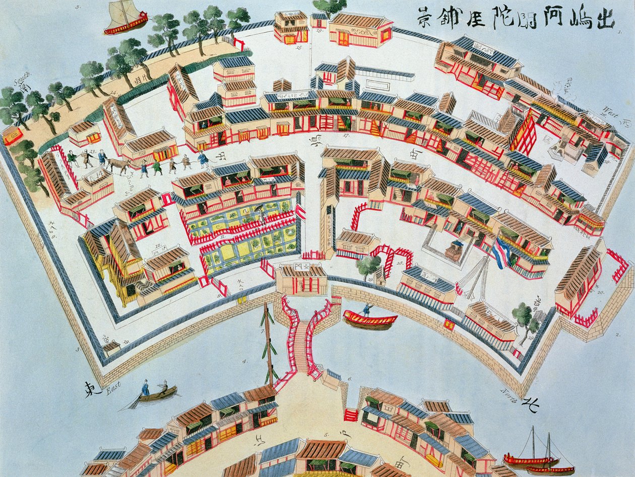 アイザックティッシング（c.1740-1812）による日本のイラストからの、1822年にロンドンで出版された、ナンガサキのデシマ島のオランダ工場の計画 作： オランダ語学校