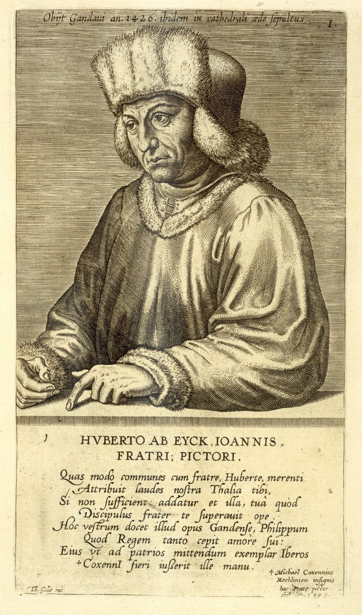 テオドールゴール（1571-1633）によって彫刻された、アーティストの一連の肖像画からのヒューバートファンエイク（1366-1426）プレート1の肖像画 作： オランダ語学校