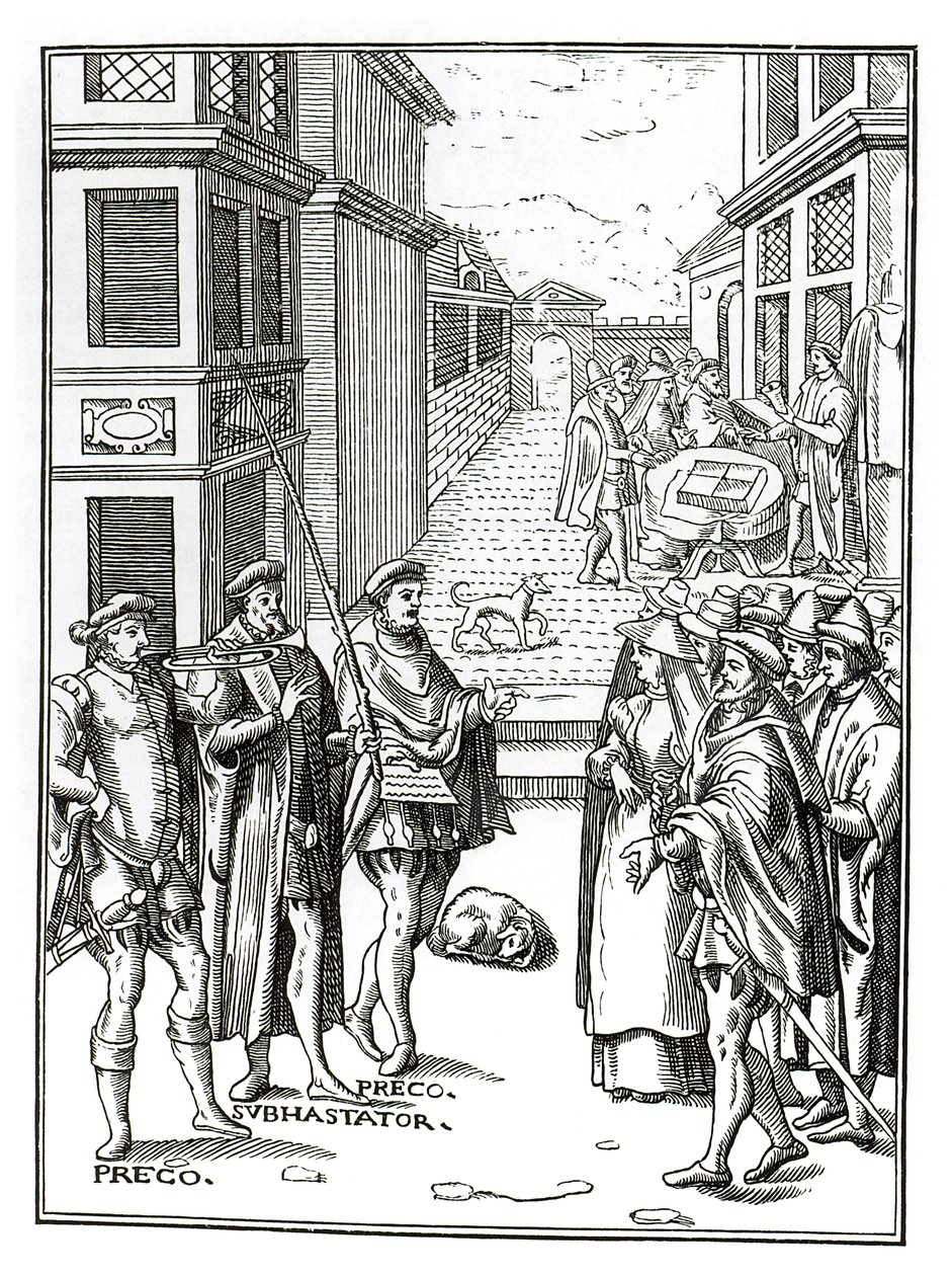 Joos de Damhouder（1507-81）によるPraxis Rerum Civiliumの木版画の後のTown Crierによる販売、アントワープ、1557 作： オランダ語学校