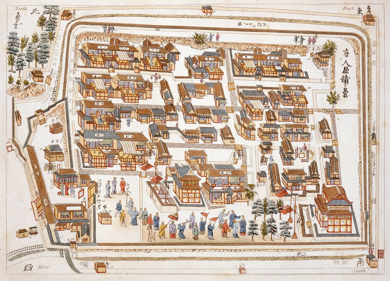 1822年にロンドンで出版されたアイザックティッティンク（c.1740-1812）による日本のイラストから1688年に設立された南ヶ崎のテンチャン通りにある中国工場 作： オランダ語学校