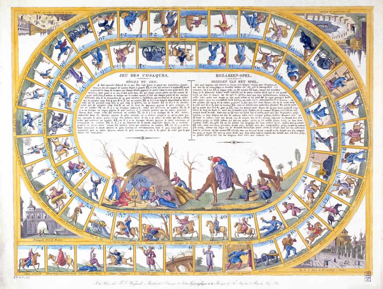 さまざまなタイプのロシアの兵士のイラストが描かれたコサックゲーム、c.1815-16 作： オランダ語学校
