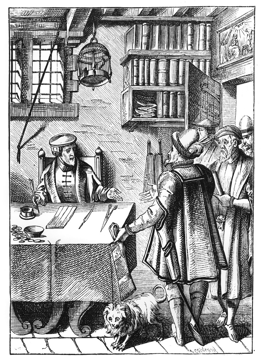 Joos de Damhouder（1507-81）によるPraxis Rerum Civiliumの木版画の後の税の受領者、アントワープ出版、1557 作： オランダ語学校