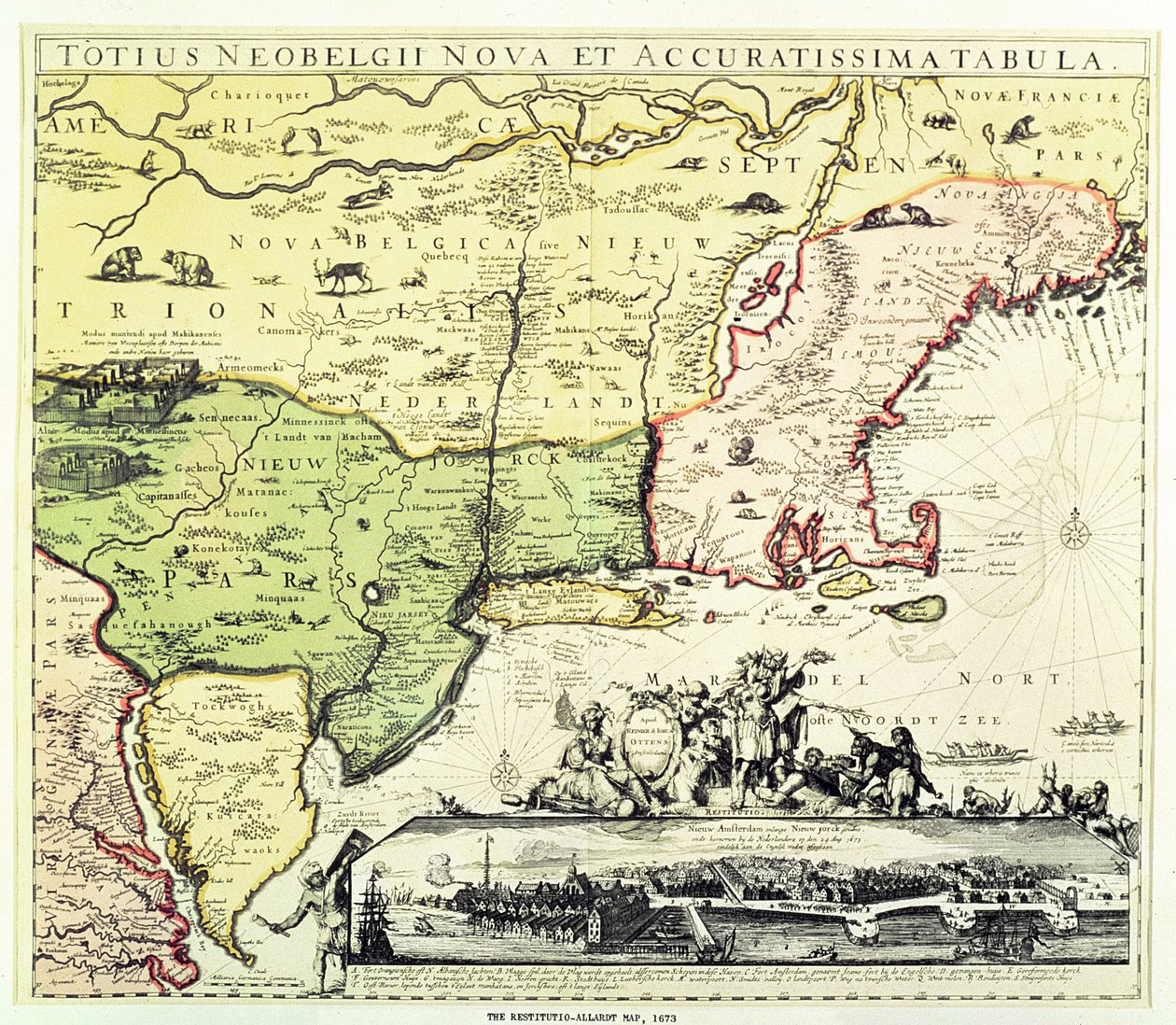 刻まれたパブであるニューアムステルダムのRestitutio-Allardtマップ。 Carolus Allardt、1673年（銅版画） 作： オランダ語学校