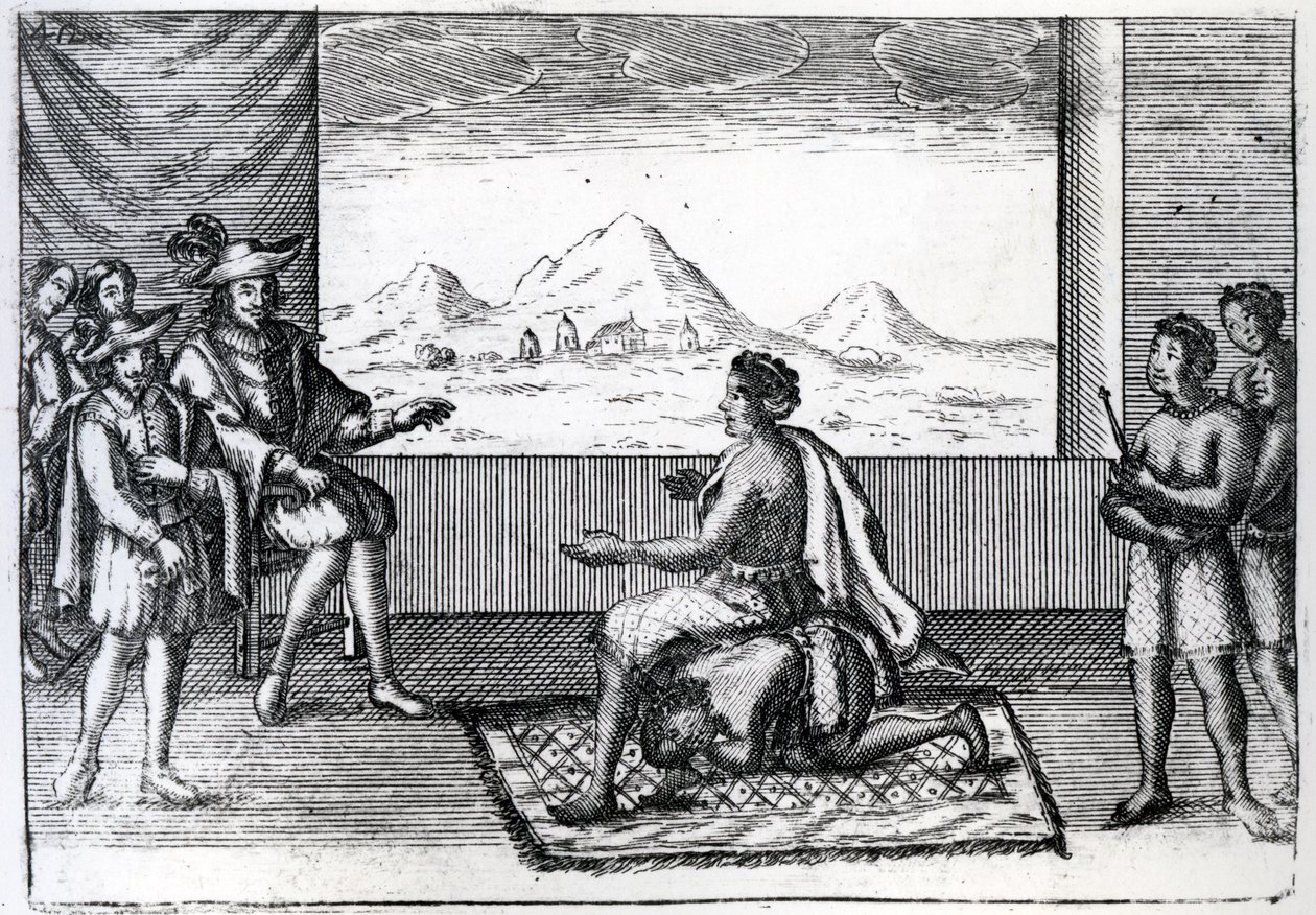 1622年、ンドンゴのンジンガ女王とルアンダのポルトガル総督ジョアン・コレイア・デ・ソウザの会談（エングレーヴィング） 作： オランダ語学校