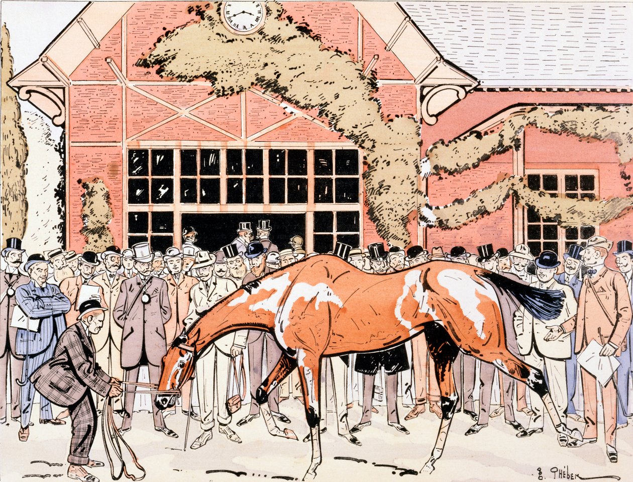 パドックで競走馬を見る、1905年頃 作： E.セレン