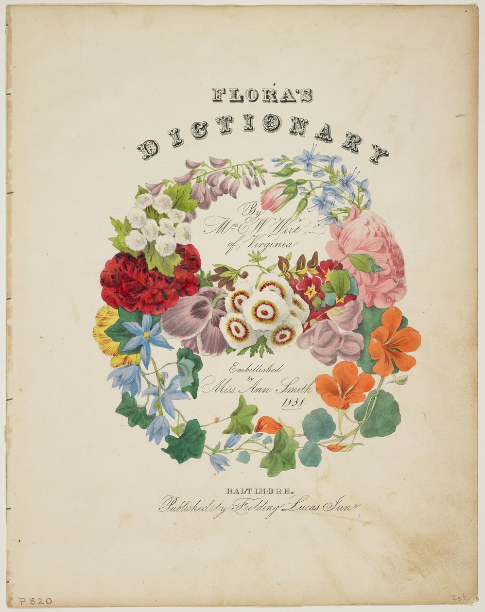 フロラの辞書からの前景とタイトルページ、花の花輪、1838 作： EWホスト